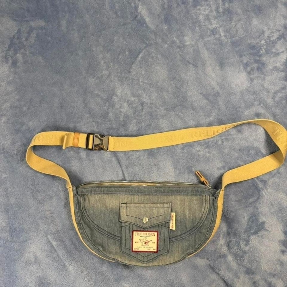 True Religion blue denim bag with yellow strap